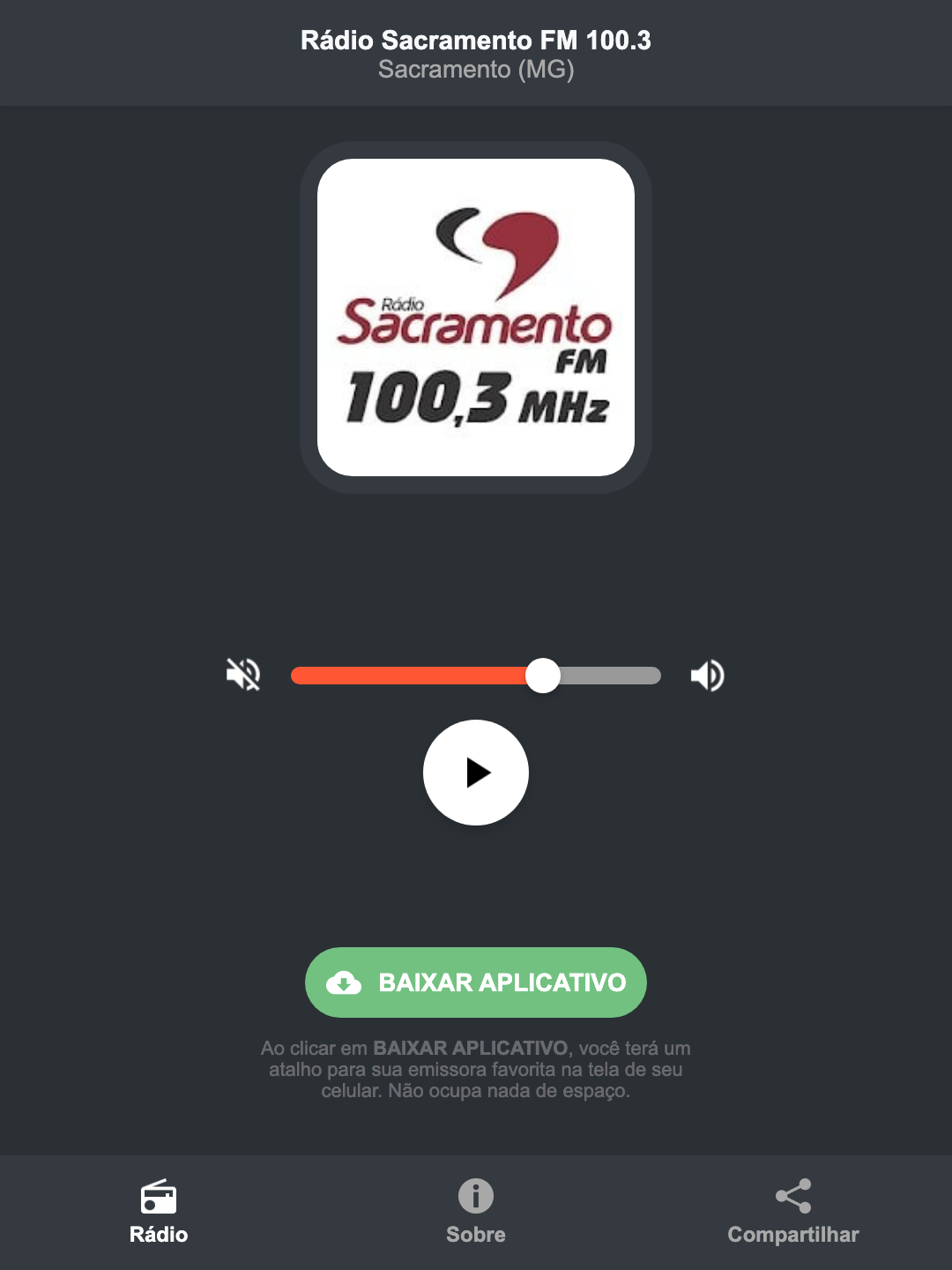 Screenshot do aplicativo da Rádio Sacramento FM 100.3
