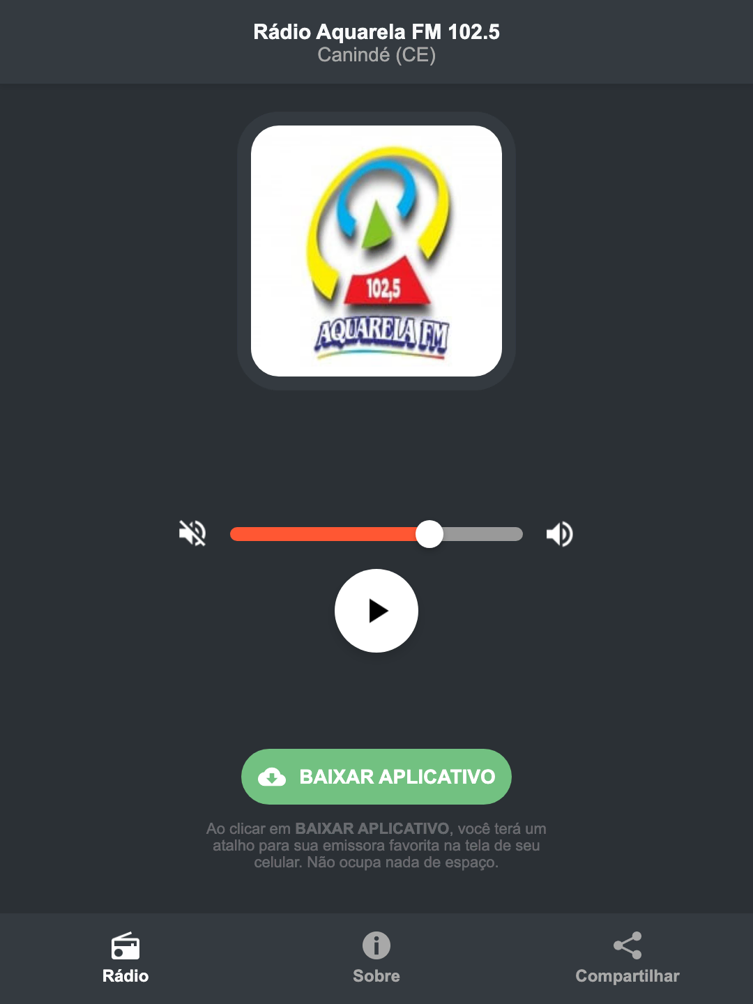 Screenshot do aplicativo da Rádio Aquarela FM 102.5