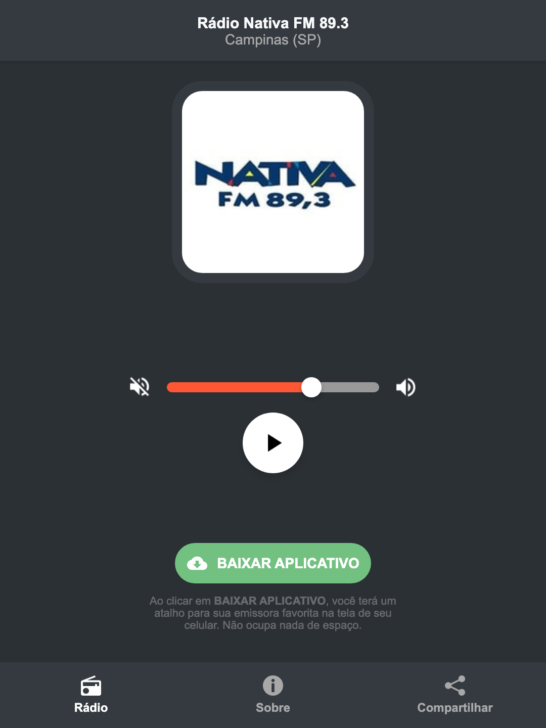 Screenshot do aplicativo da Rádio Nativa FM 89.3