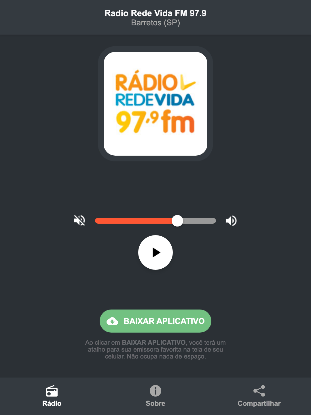 Screenshot do aplicativo da Radio Rede Vida FM 97.9