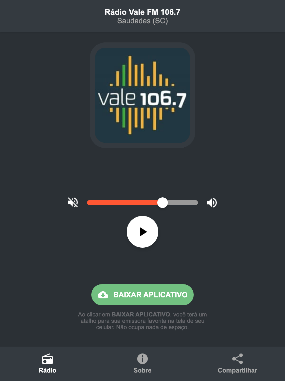 Screenshot do aplicativo da Rádio Vale FM 106.7