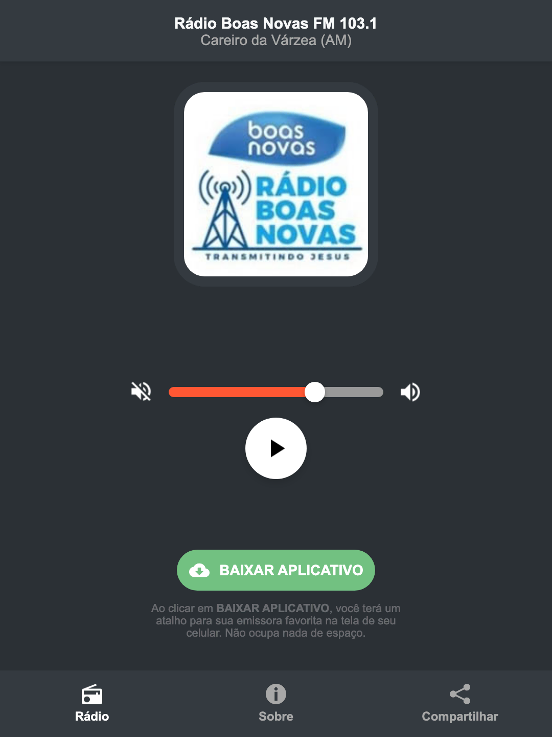Screenshot do aplicativo da Rádio Boas Novas FM 103.1