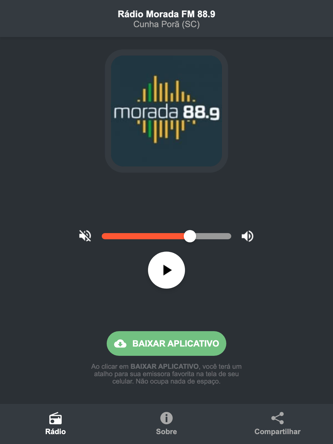 Screenshot do aplicativo da Rádio Morada FM 88.9