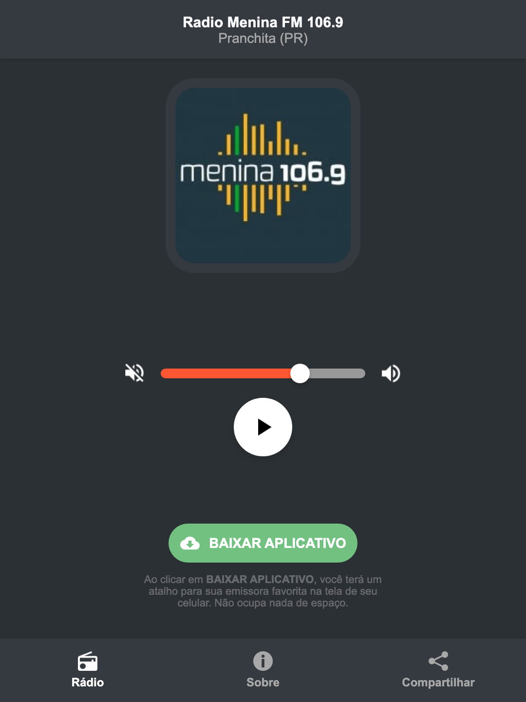 Screenshot do aplicativo da Radio Menina FM 106.9