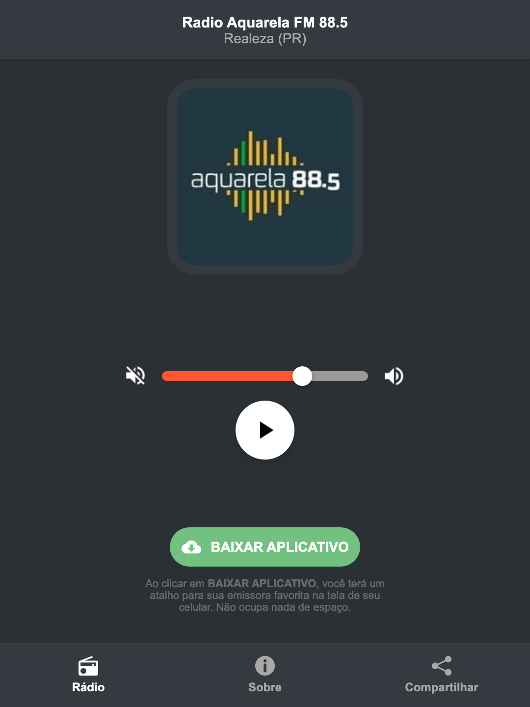 Screenshot do aplicativo da Radio Aquarela FM 88.5