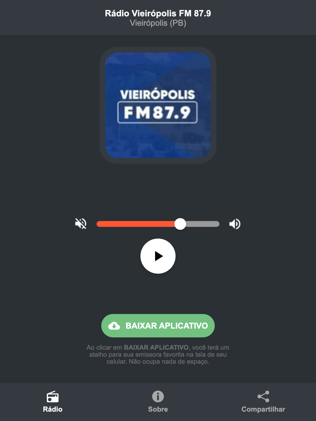 Screenshot do aplicativo da Rádio Vieirópolis FM 87.9