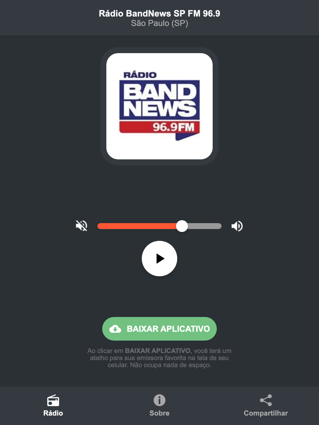 Screenshot do aplicativo da Rádio BandNews SP FM 96.9