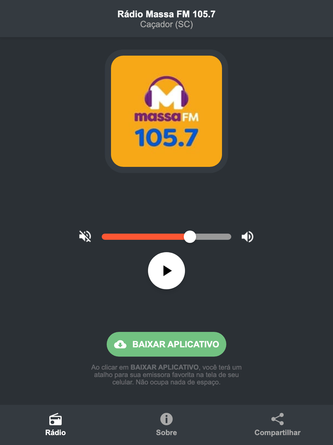Screenshot do aplicativo da Rádio Massa FM 105.7
