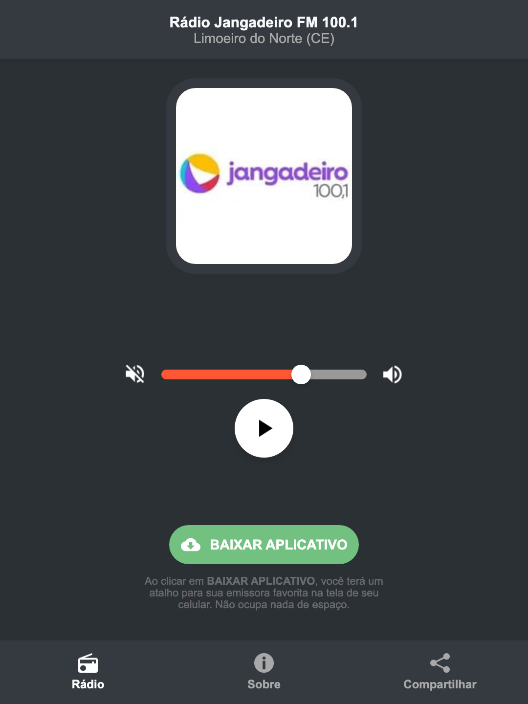 Screenshot do aplicativo da Rádio Jangadeiro FM 100.1