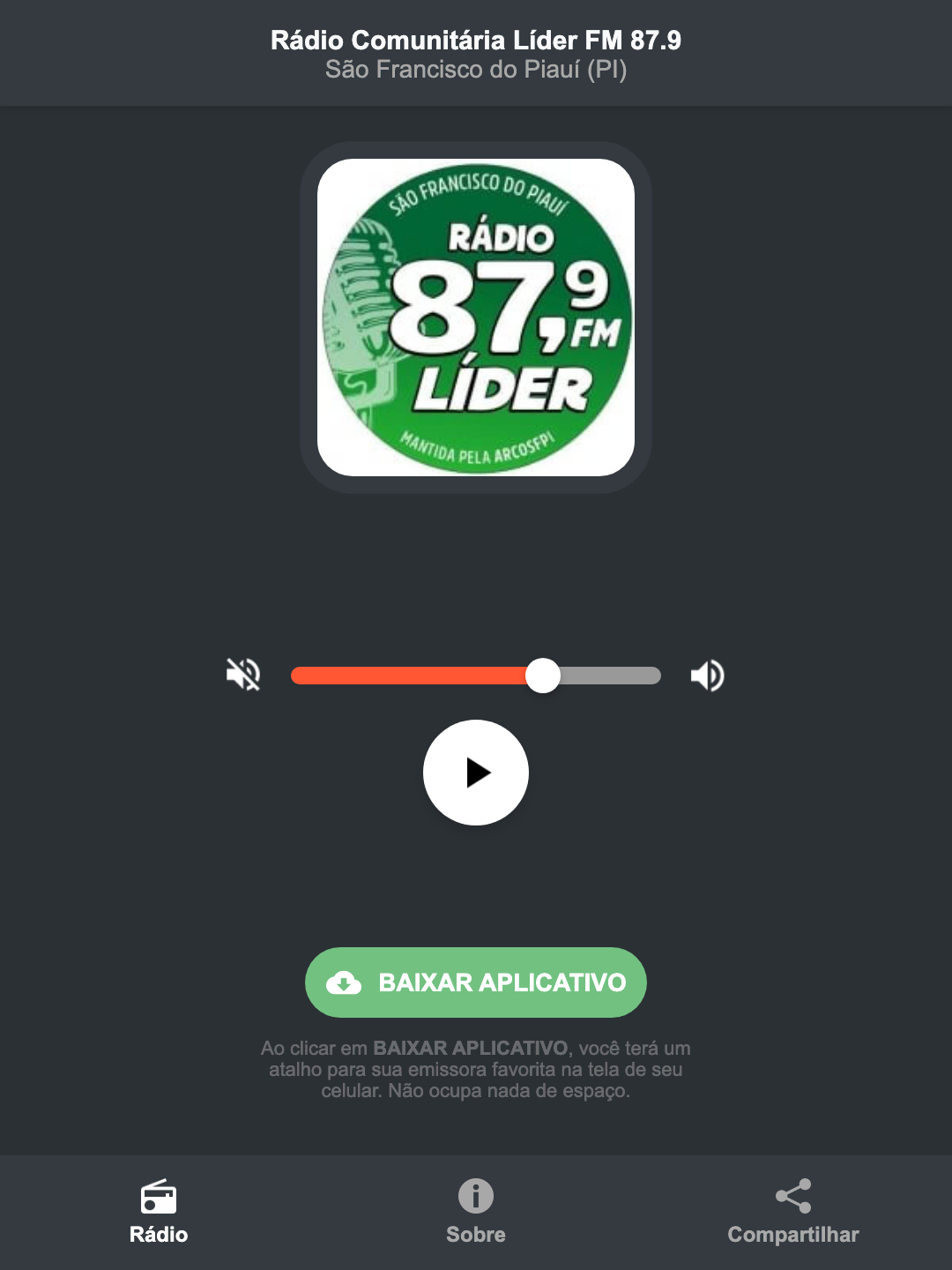 Screenshot do aplicativo da Rádio Comunitária Líder FM 87.9