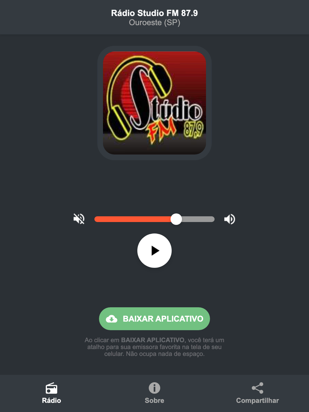 Screenshot do aplicativo da Rádio Studio FM 87.9