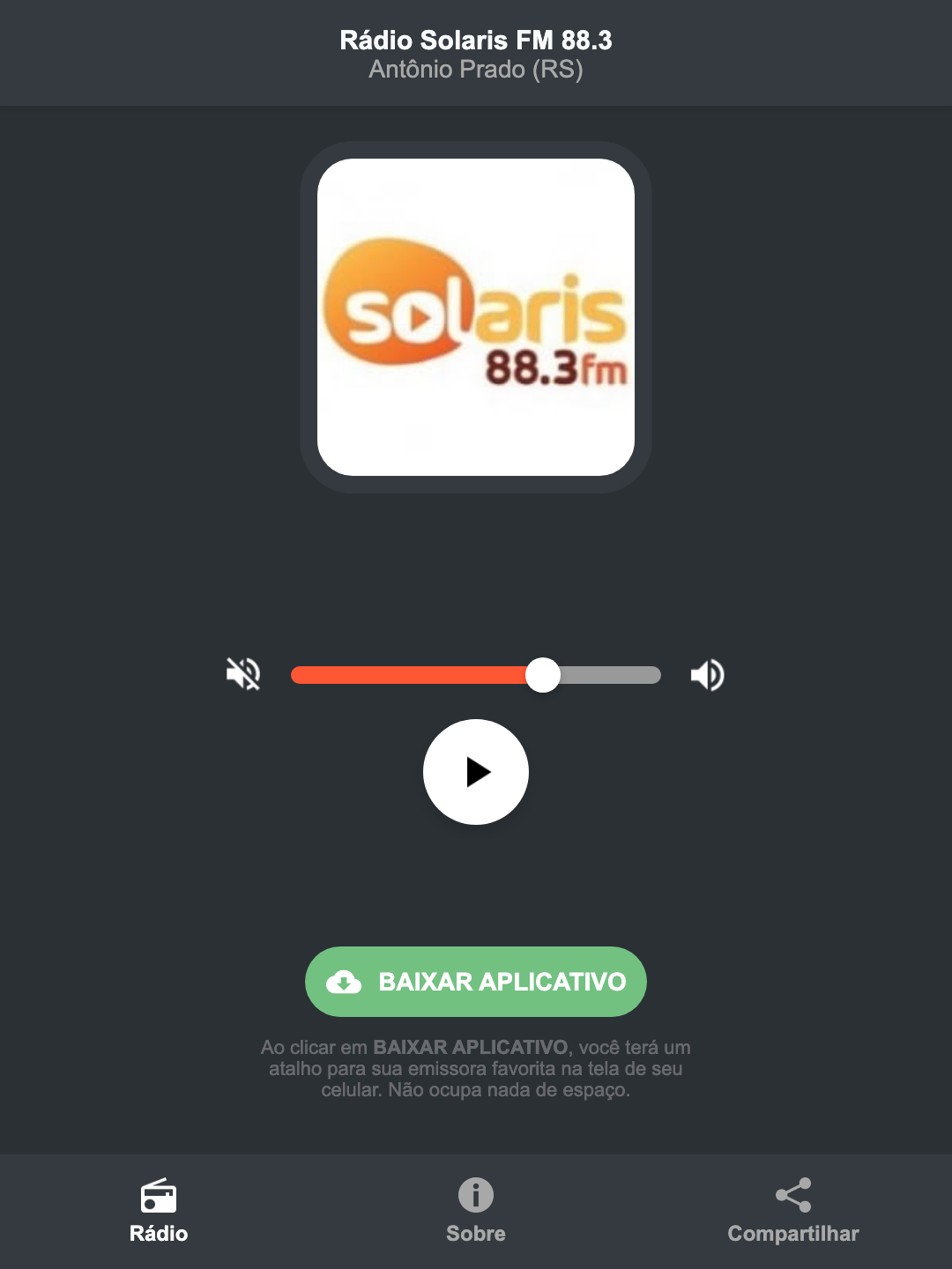 Screenshot do aplicativo da Rádio Solaris FM 88.3
