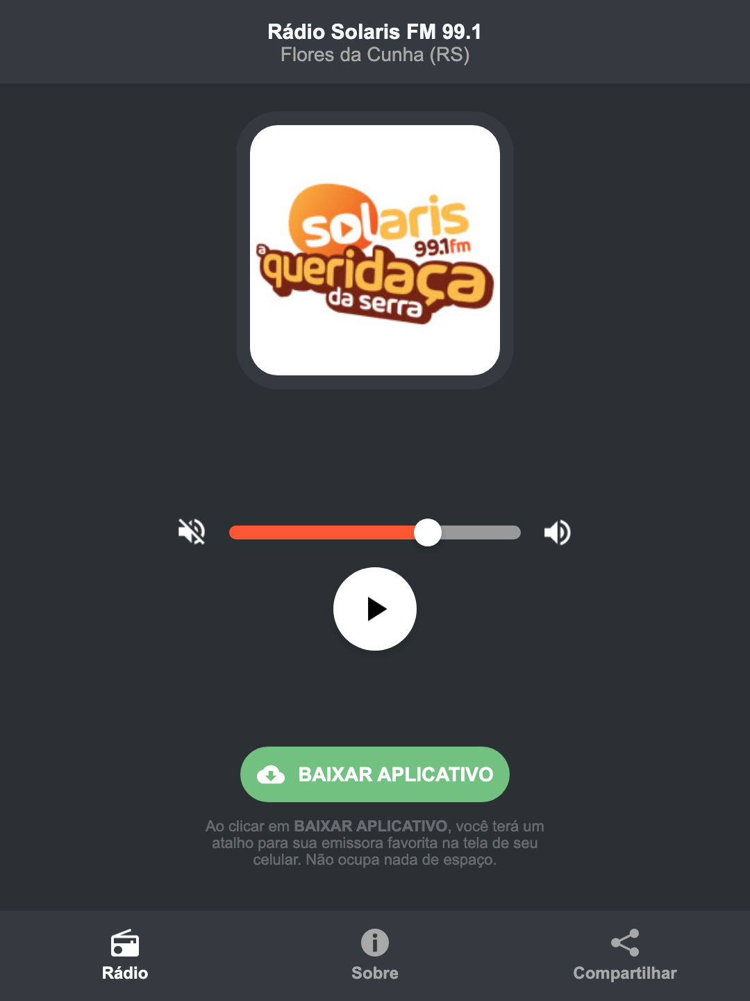 Screenshot do aplicativo da Rádio Solaris FM 99.1