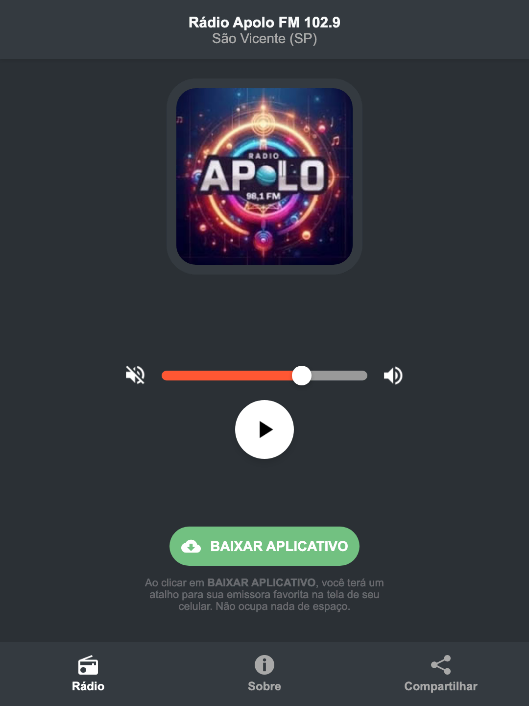 Screenshot do aplicativo da Rádio Apolo FM 102.9