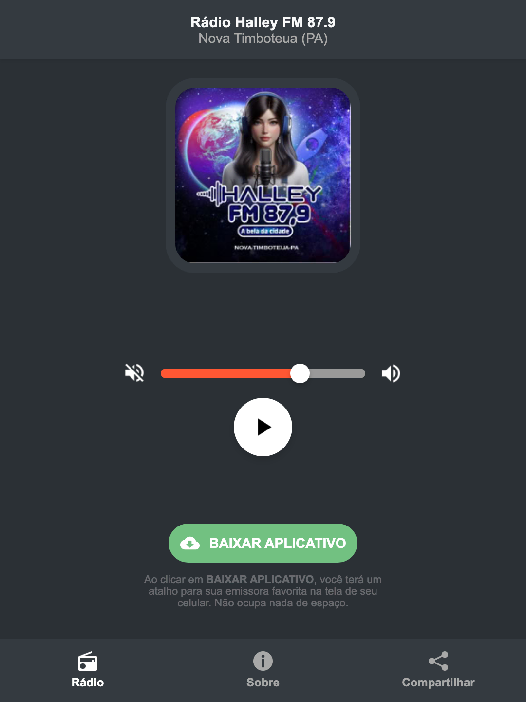 Screenshot do aplicativo da Rádio Halley FM 87.9