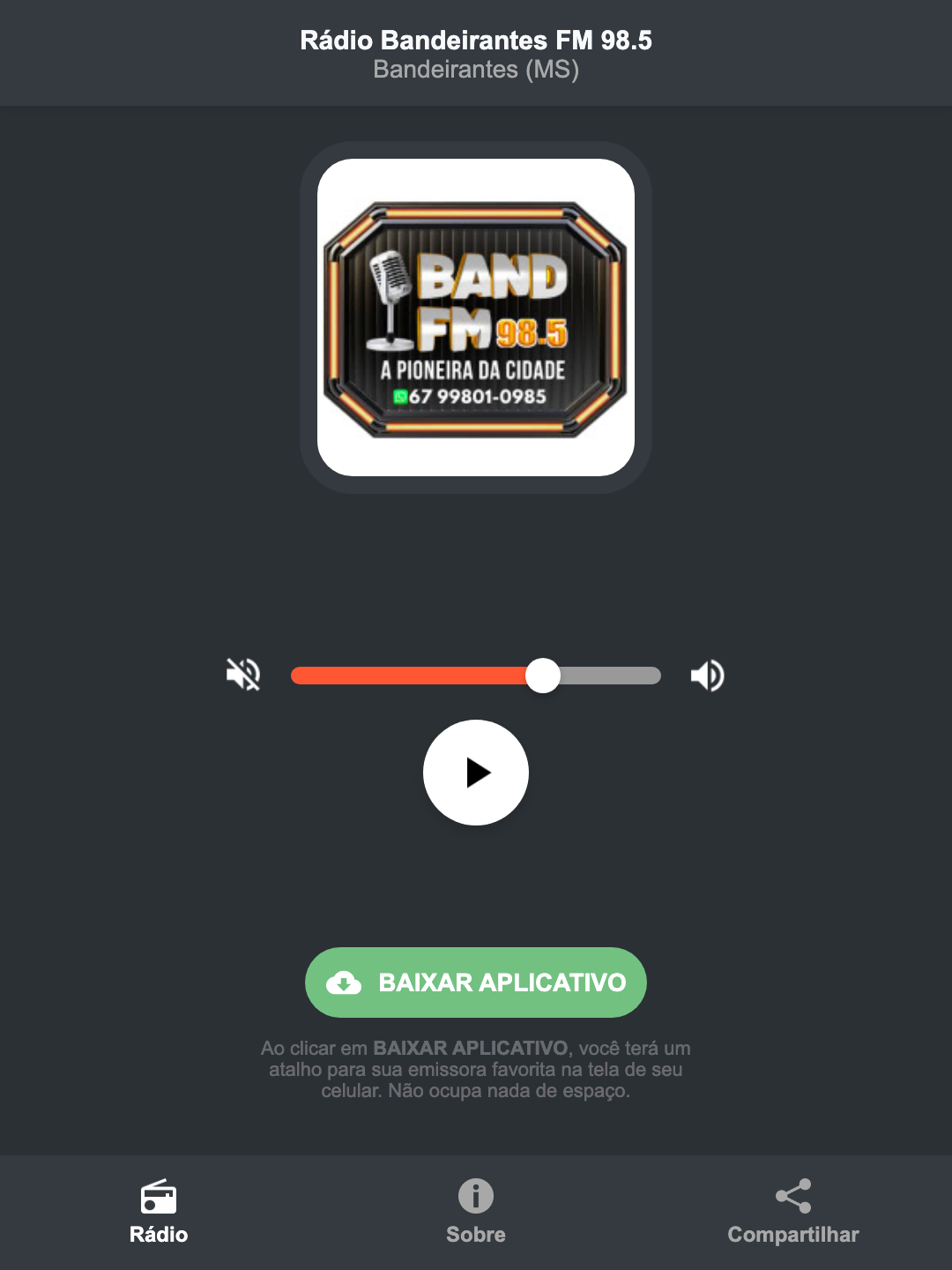 Screenshot do aplicativo da Rádio Bandeirantes FM 98.5