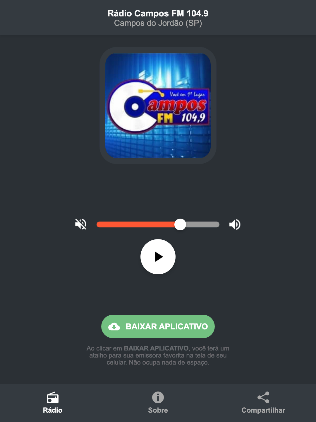 Screenshot do aplicativo da Rádio Campos FM 104.9