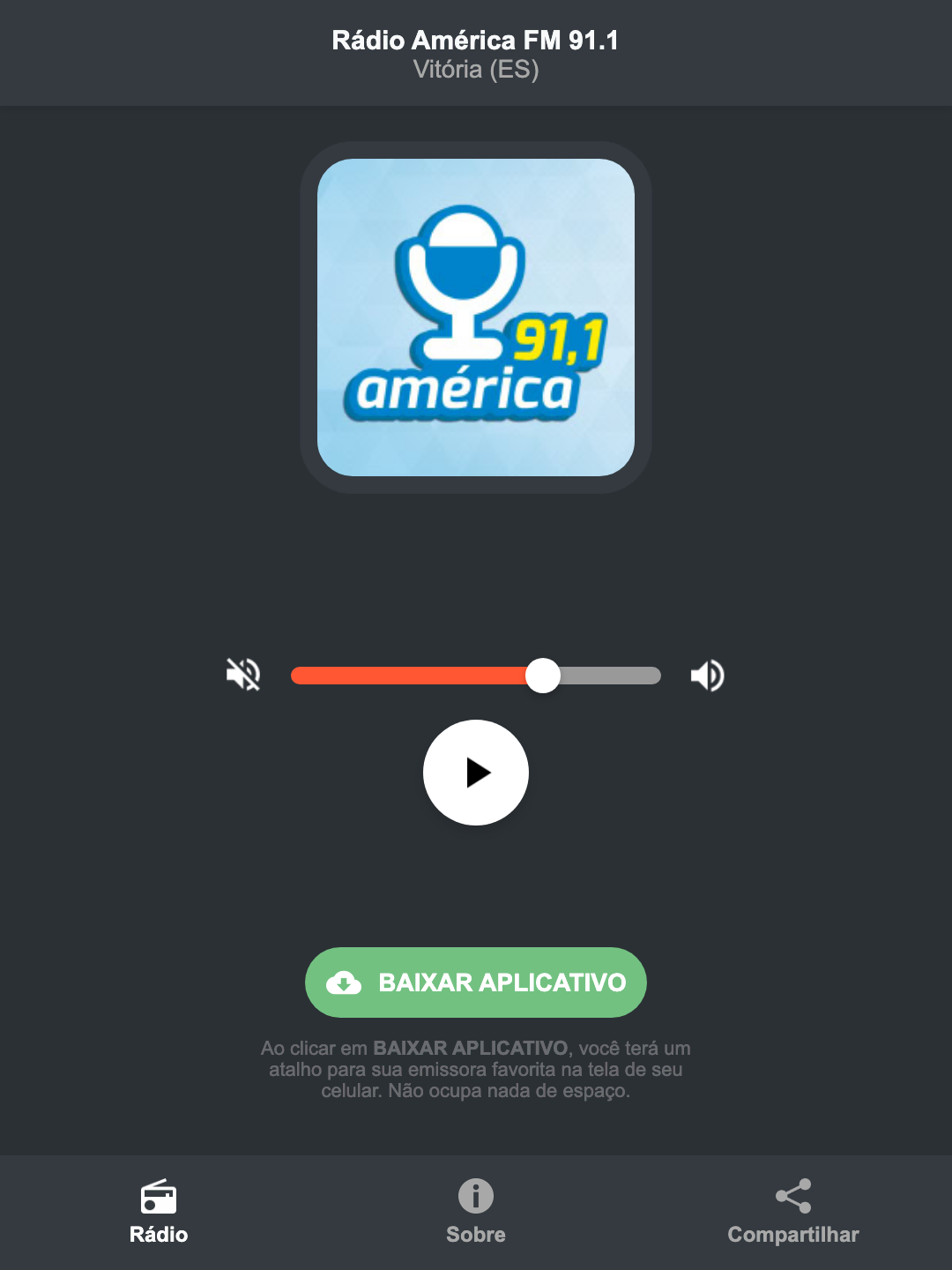 Screenshot do aplicativo da Rádio América FM 91.1
