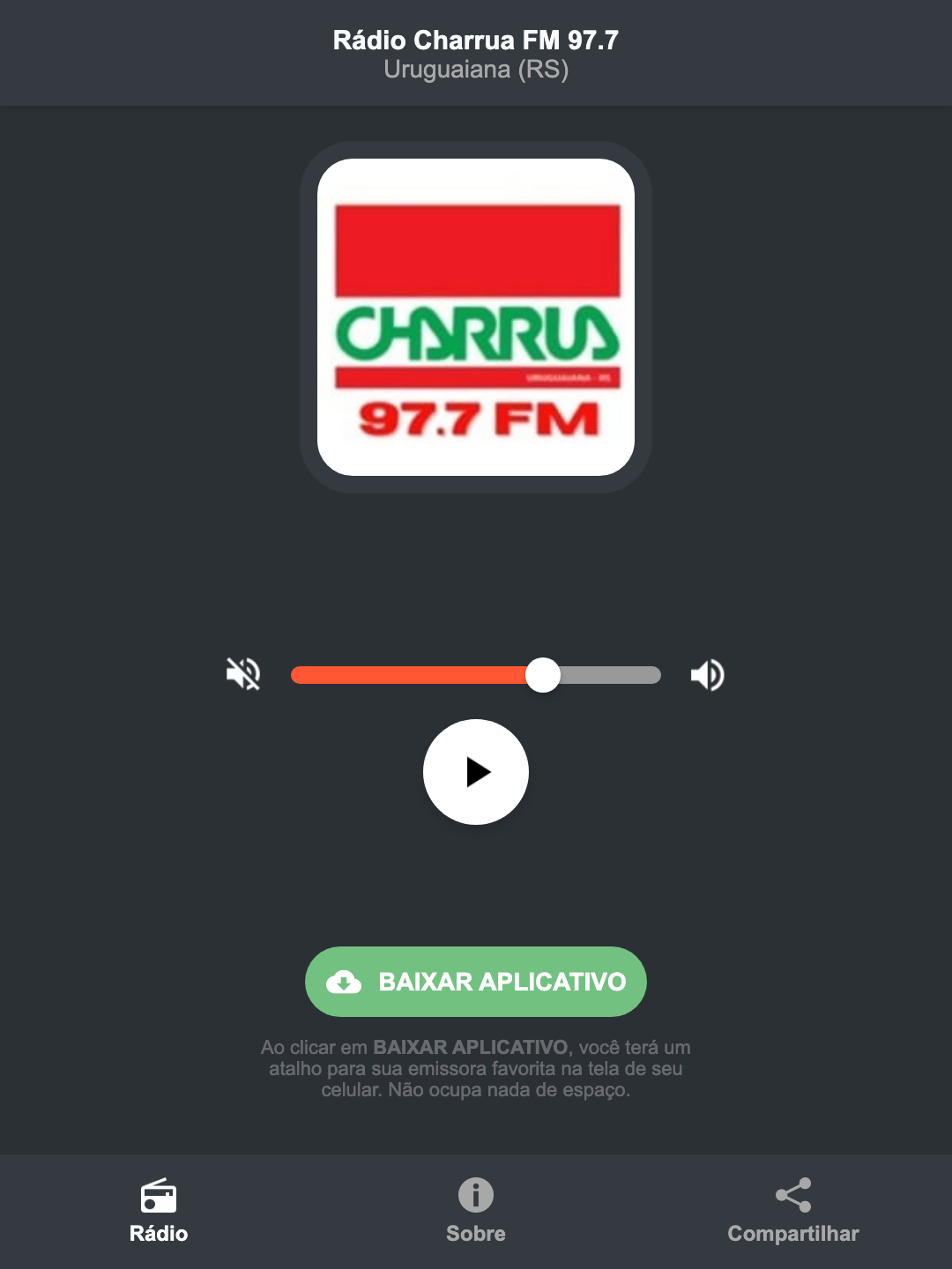 Screenshot do aplicativo da Rádio Charrua FM 97.7