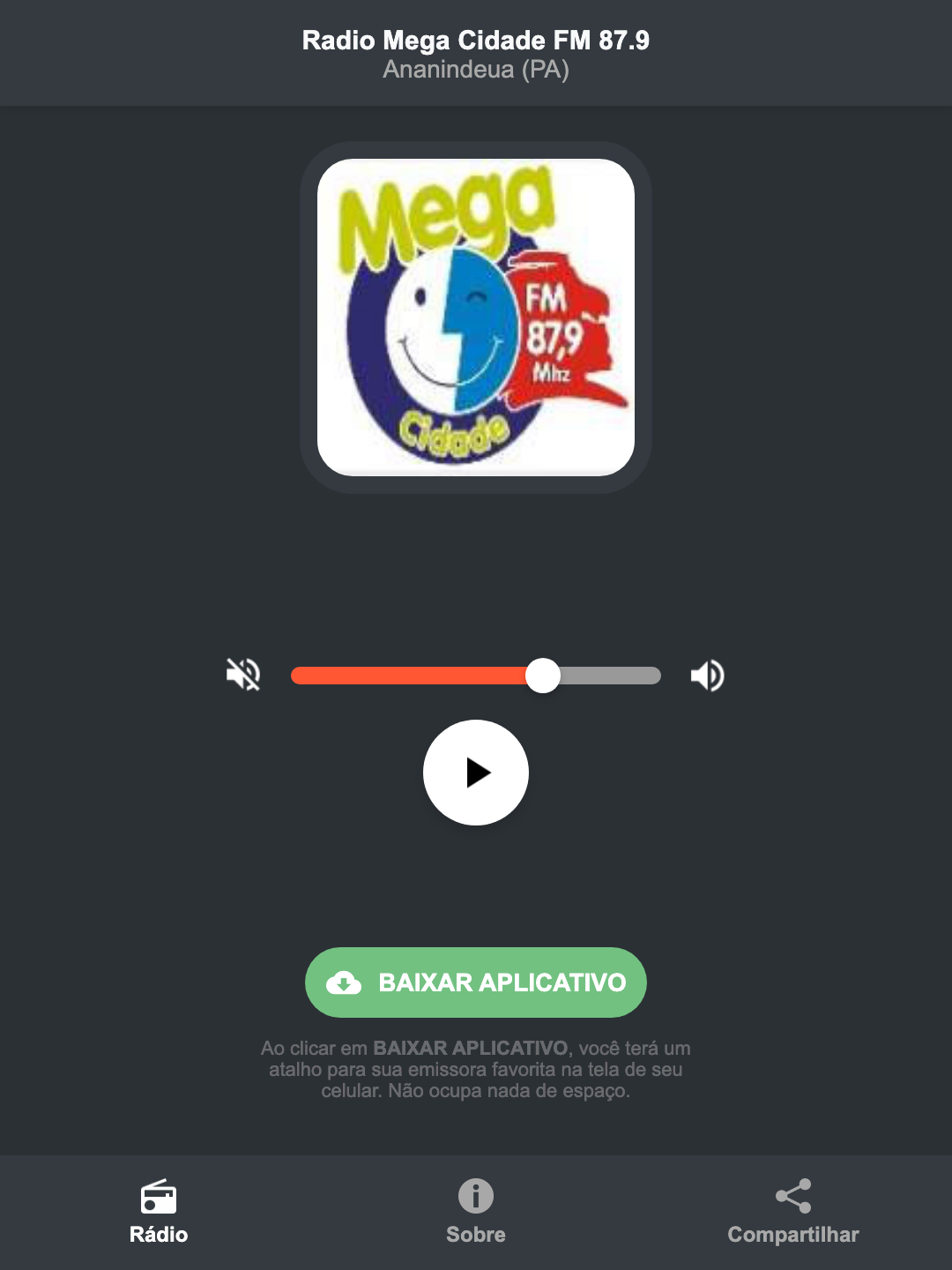 Screenshot do aplicativo da Radio Mega Cidade FM 87.9