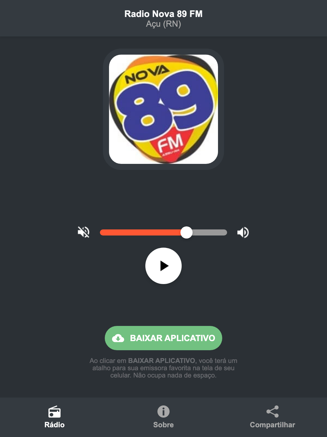 Screenshot do aplicativo da Radio Nova 89 FM