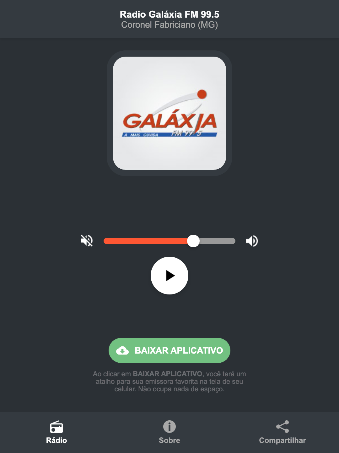 Screenshot do aplicativo da Radio Galáxia FM 99.5