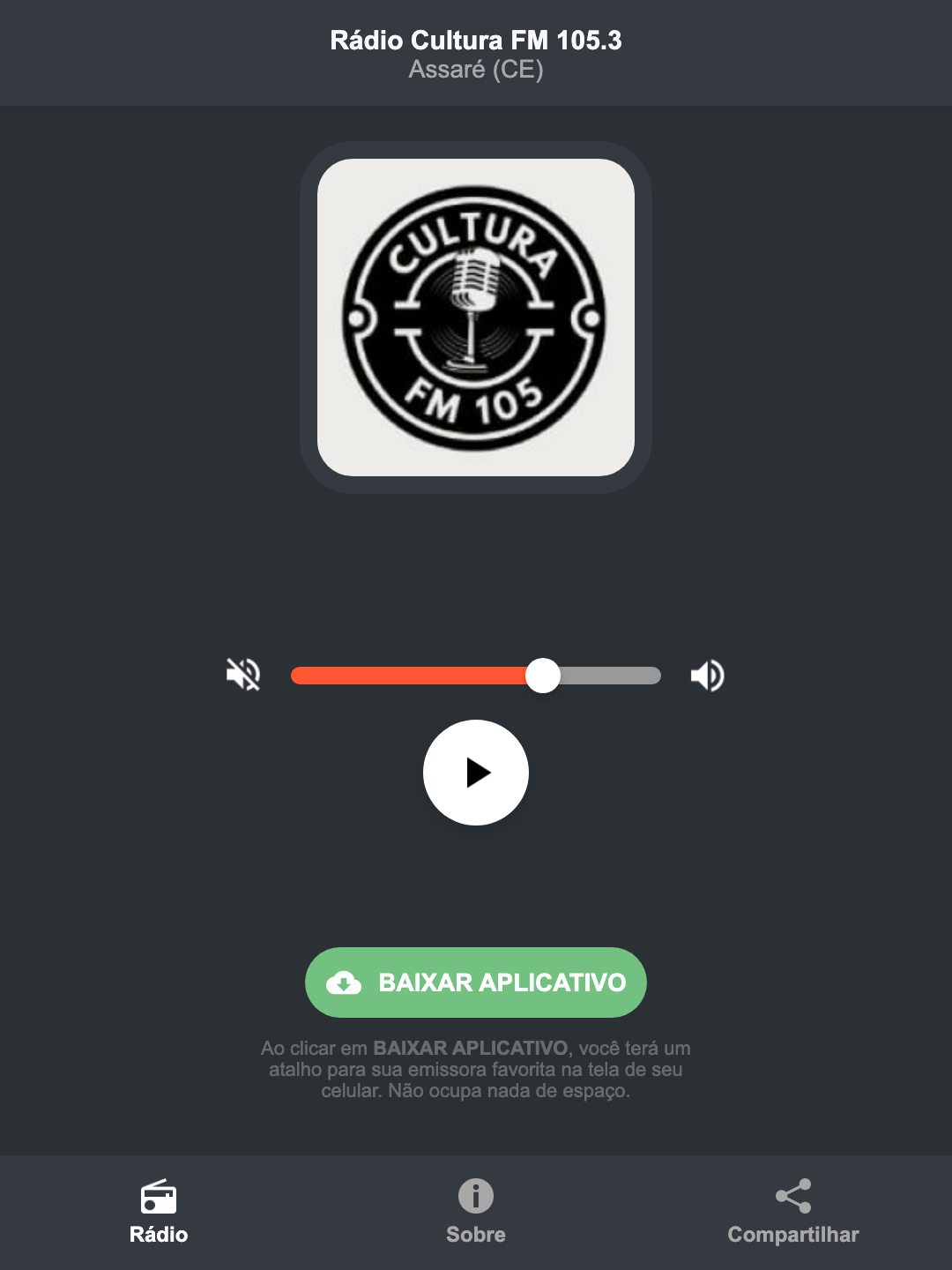 Screenshot do aplicativo da Rádio Cultura FM 105.3