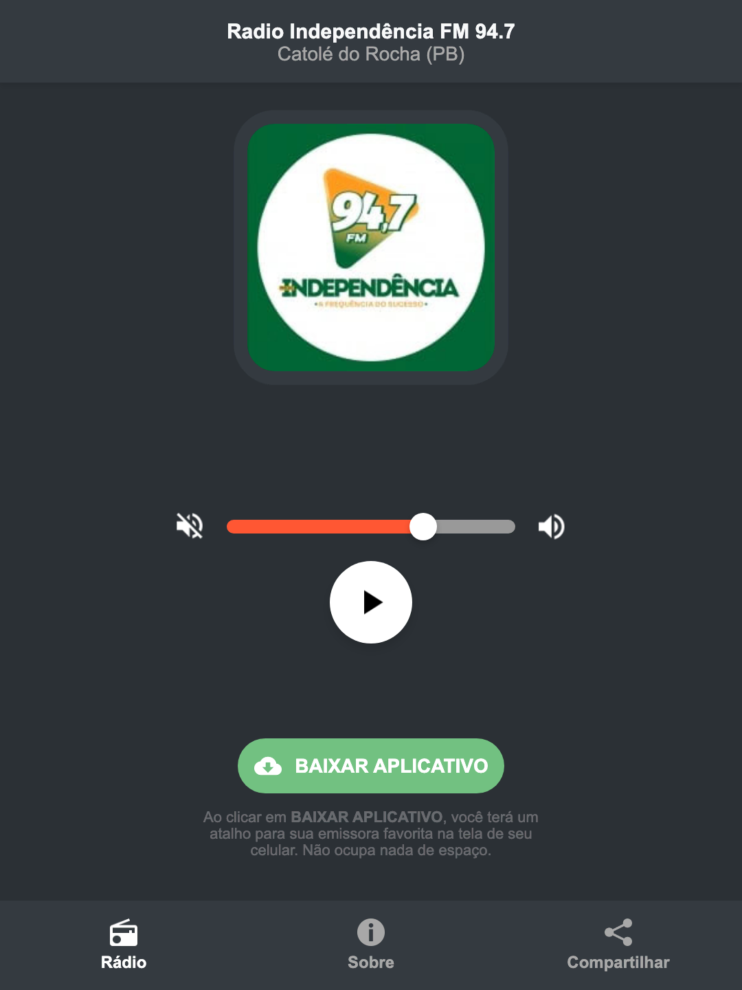Screenshot do aplicativo da Radio Independência FM 94.7