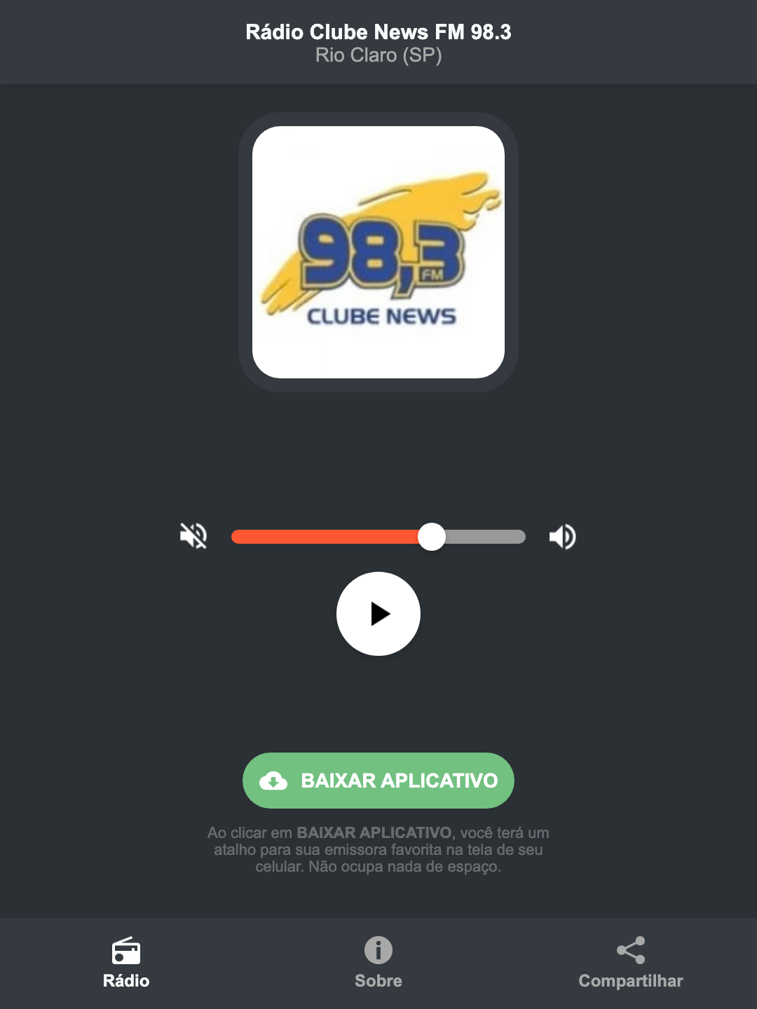 Screenshot do aplicativo da Rádio Clube News FM 98.3