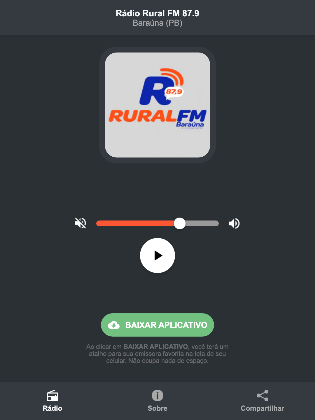 Screenshot do aplicativo da Rádio Rural FM 87.9