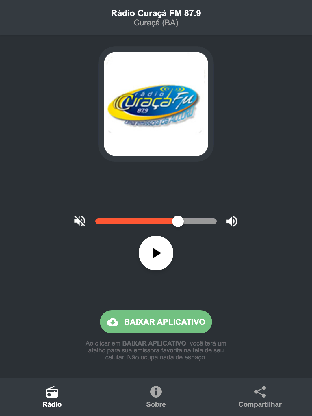 Screenshot do aplicativo da Rádio Curaçá FM 87.9