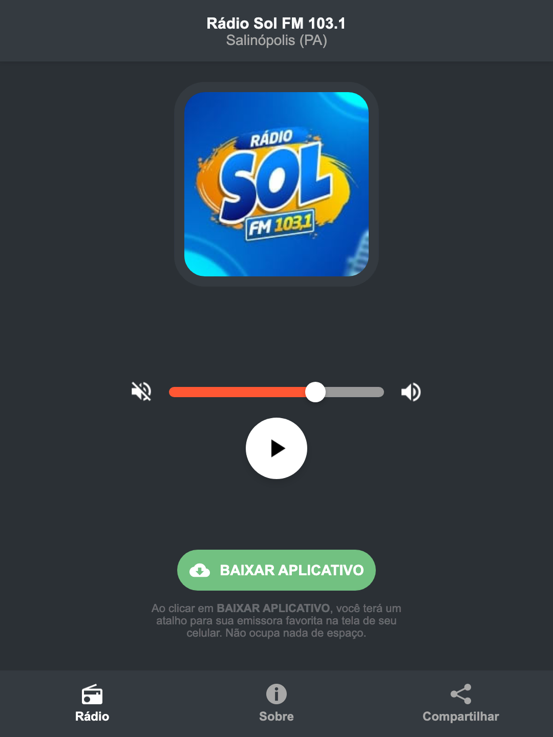 Screenshot do aplicativo da Rádio Sol FM 103.1