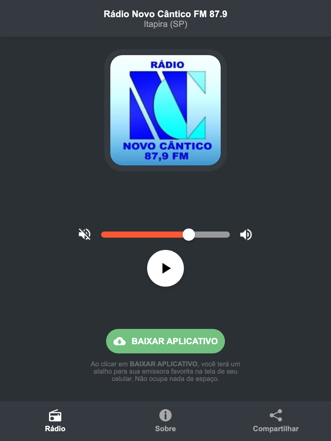 Screenshot do aplicativo da Rádio Novo Cântico FM 87.9