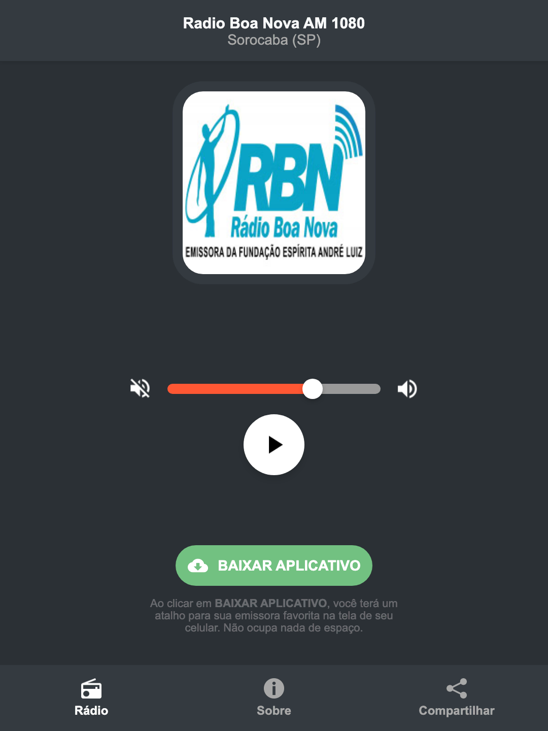 Screenshot do aplicativo da Radio Boa Nova AM 1080