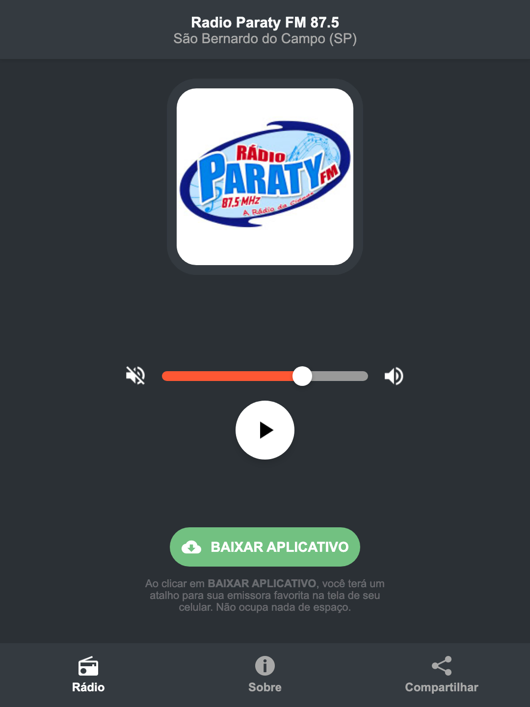 Screenshot do aplicativo da Radio Paraty FM 87.5