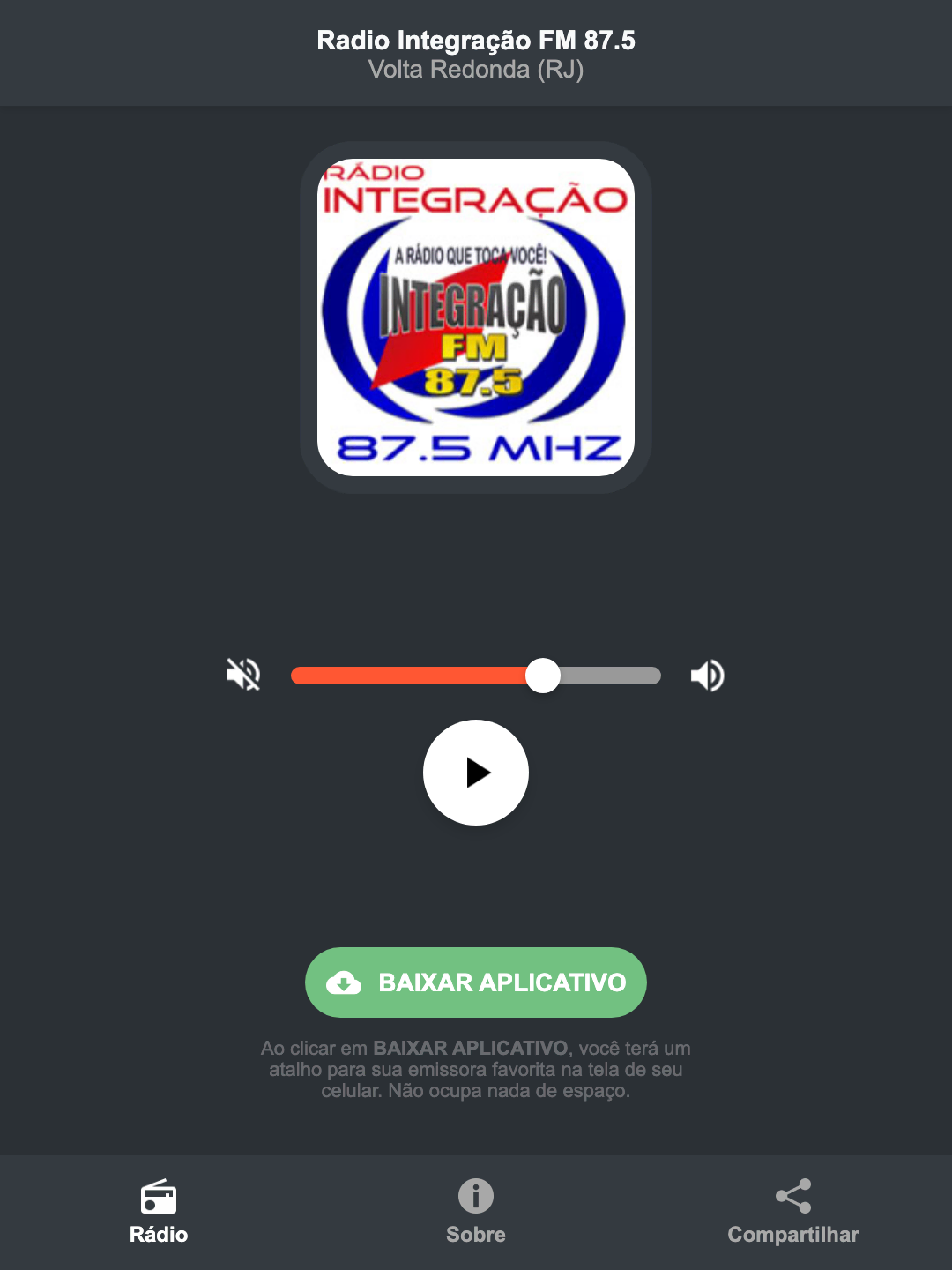 Screenshot do aplicativo da Radio Integração FM 87.5