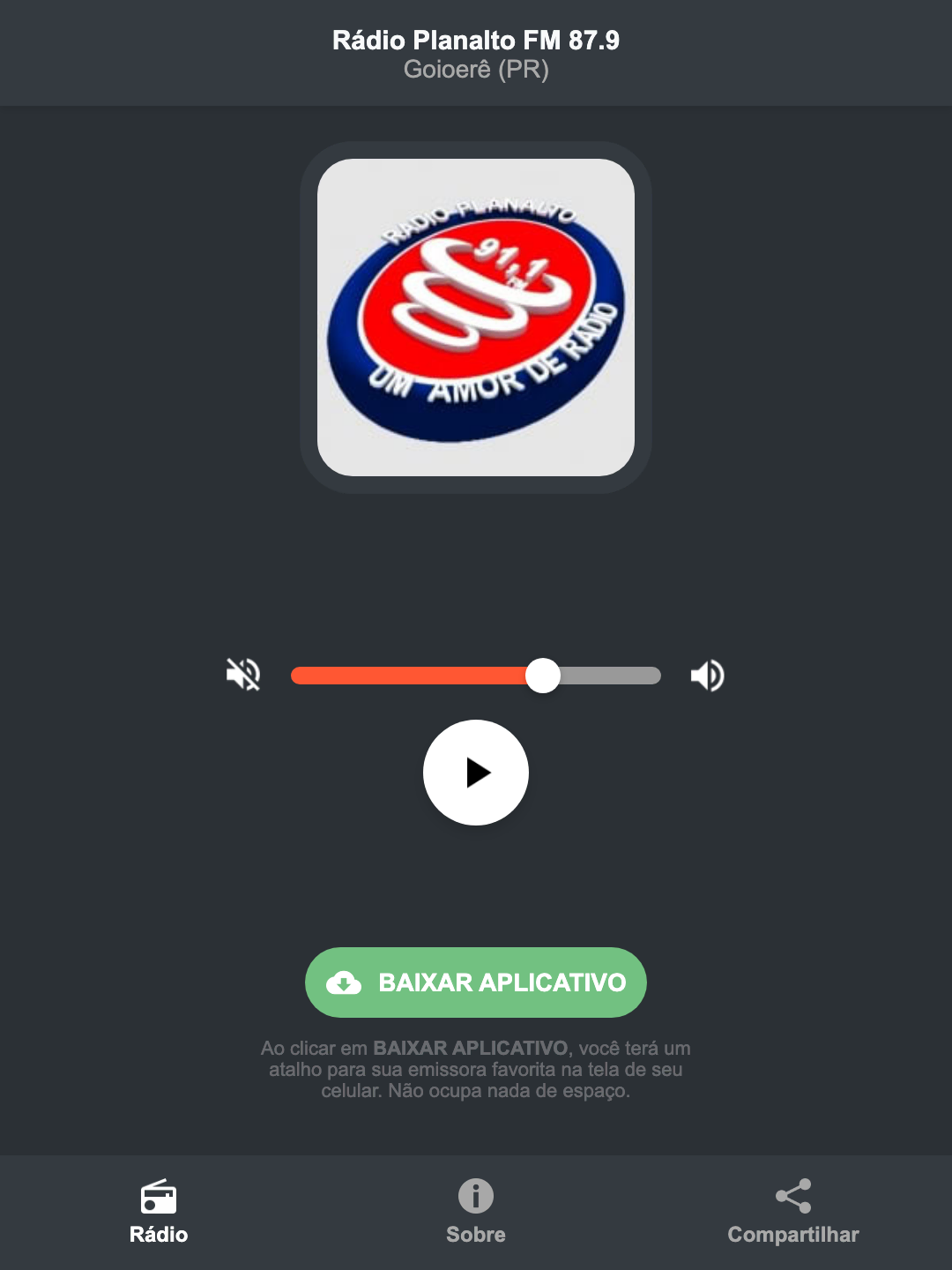 Screenshot do aplicativo da Rádio Planalto FM 87.9