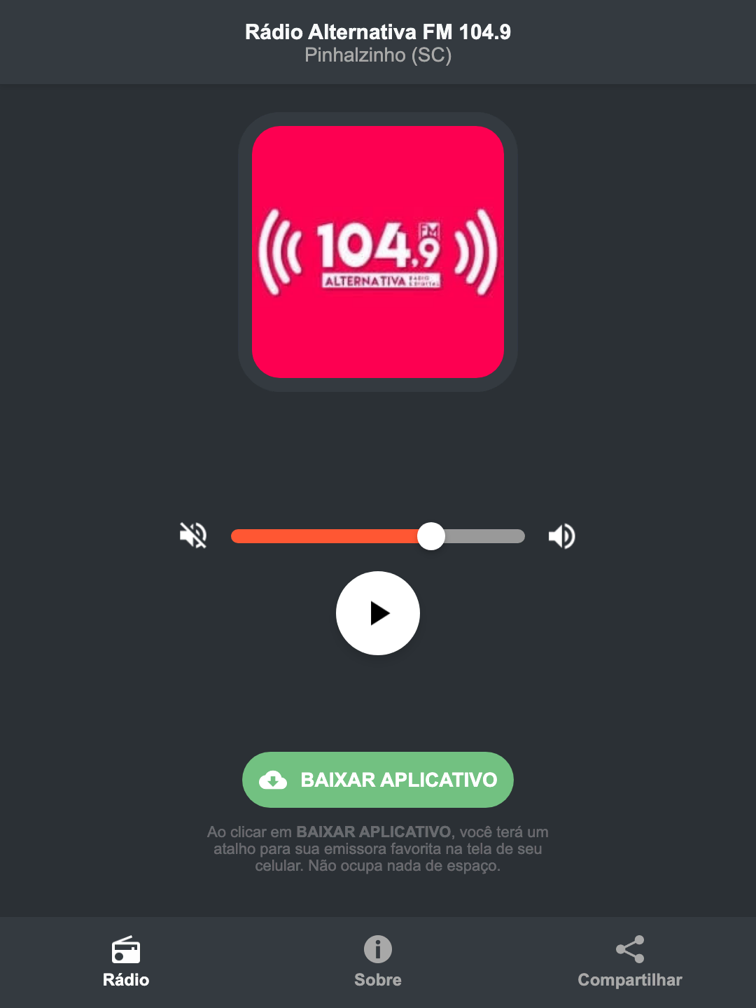 Screenshot do aplicativo da Rádio Alternativa FM 104.9