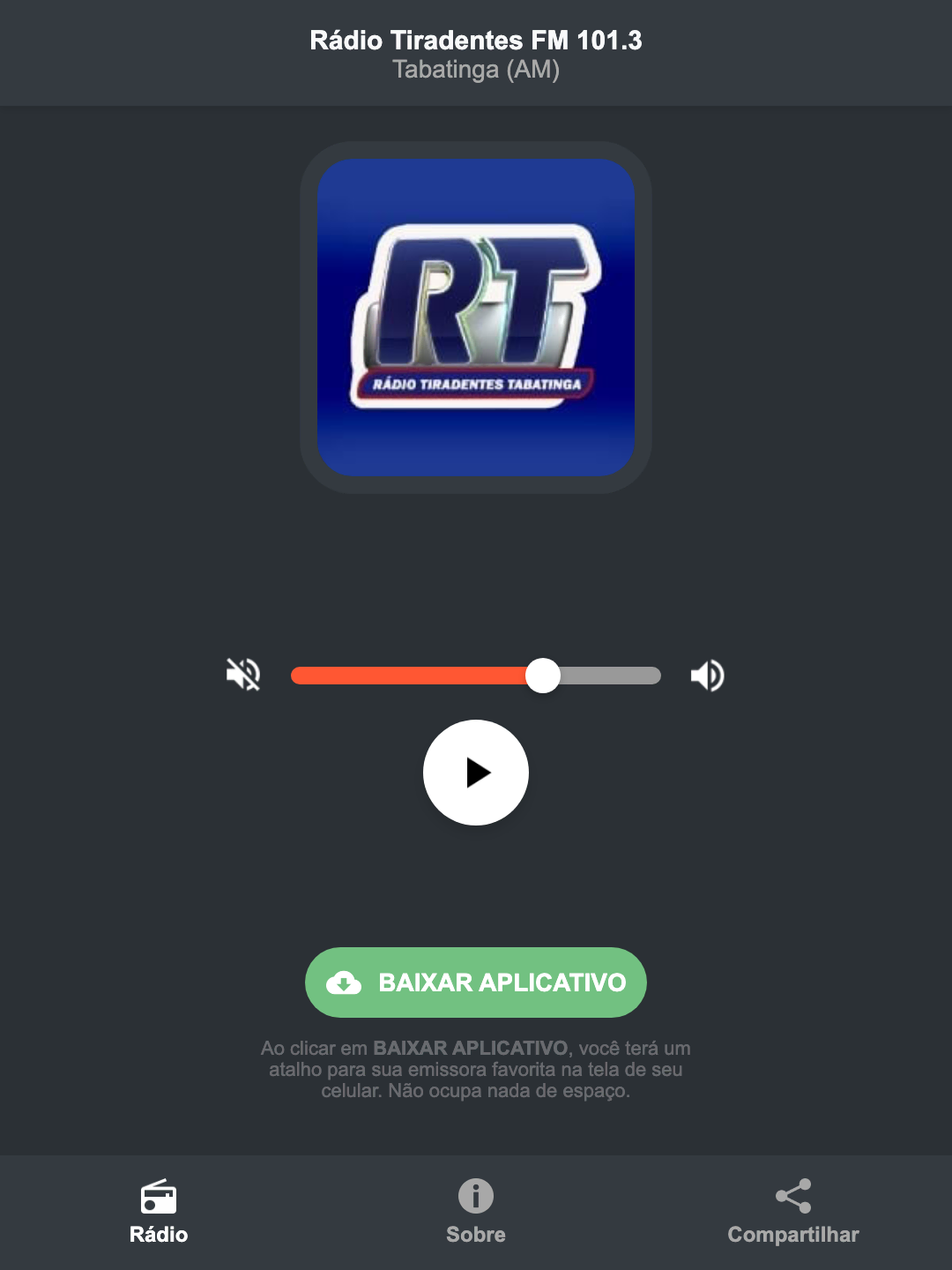 Screenshot do aplicativo da Rádio Tiradentes FM 101.3