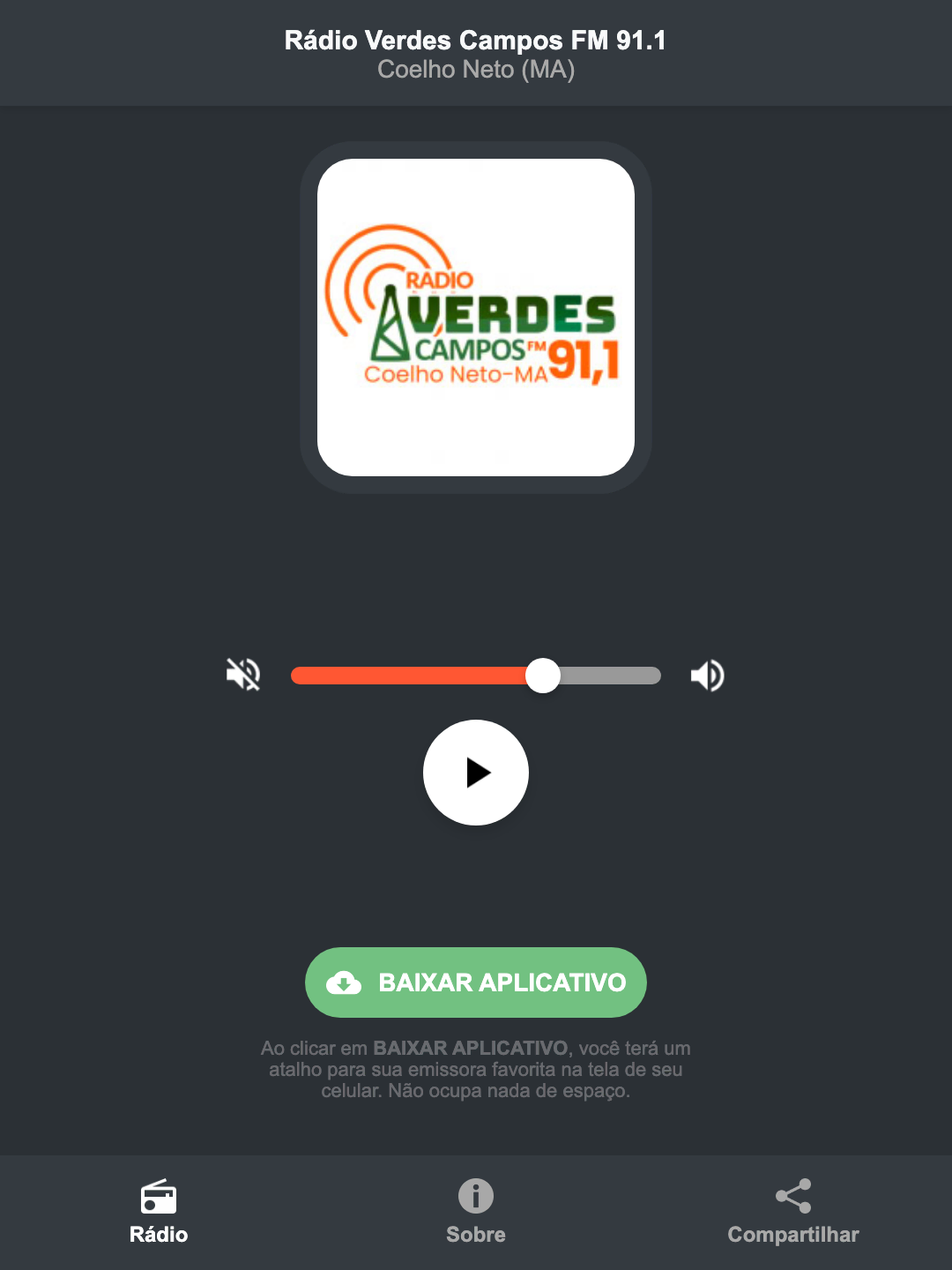 Screenshot do aplicativo da Rádio Verdes Campos FM 91.1