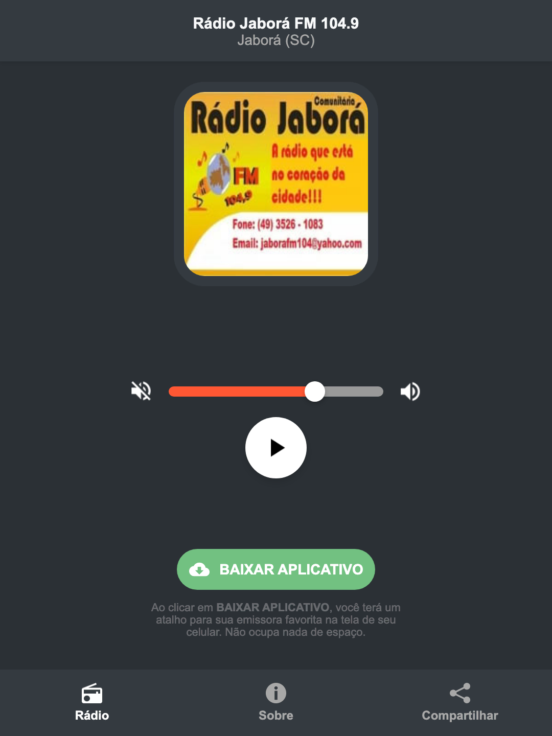 Screenshot do aplicativo da Rádio Jaborá FM 104.9