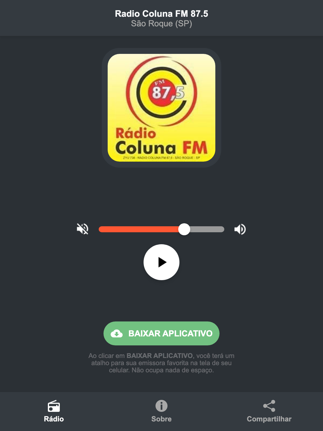 Screenshot do aplicativo da Radio Coluna FM 87.5