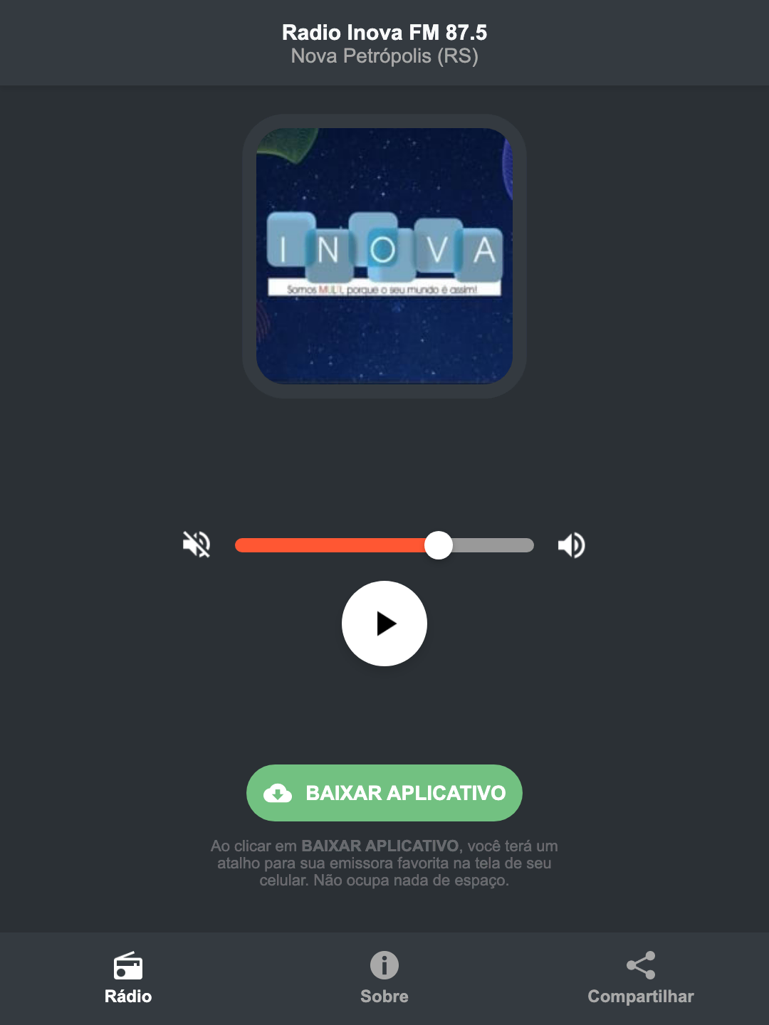 Screenshot do aplicativo da Radio Inova FM 87.5