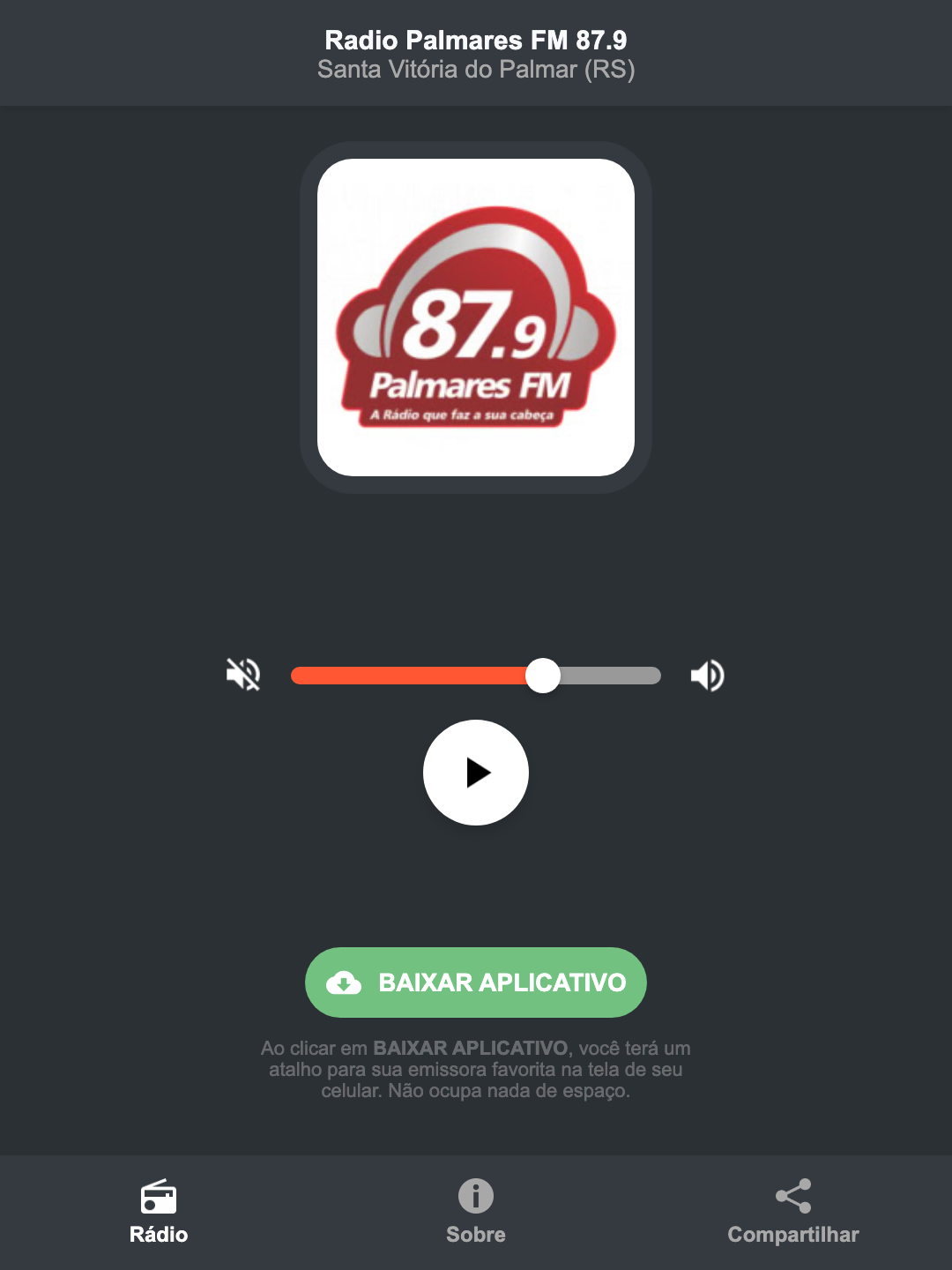 Screenshot do aplicativo da Radio Palmares FM 87.9