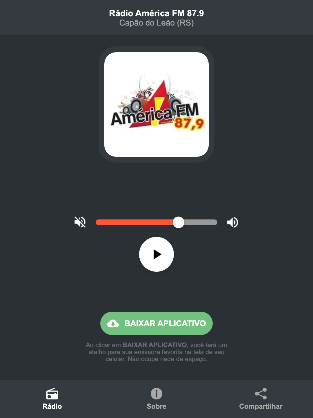 Screenshot do aplicativo da Rádio América FM 87.9