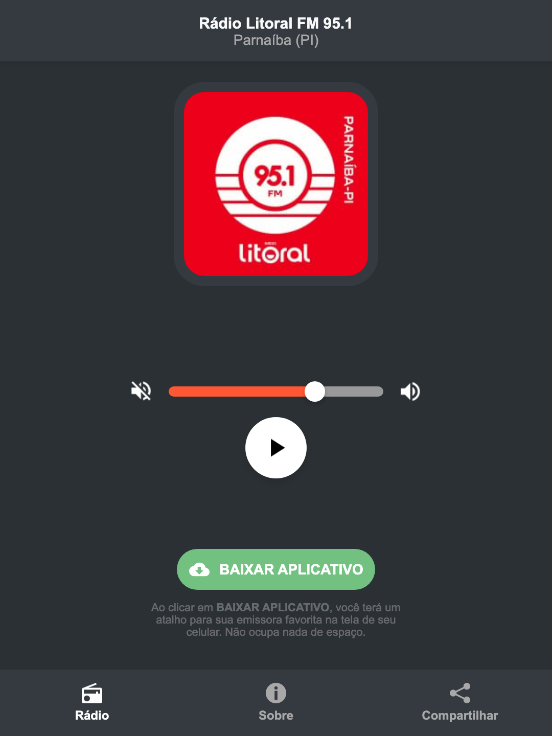 Screenshot do aplicativo da Rádio Litoral FM 95.1