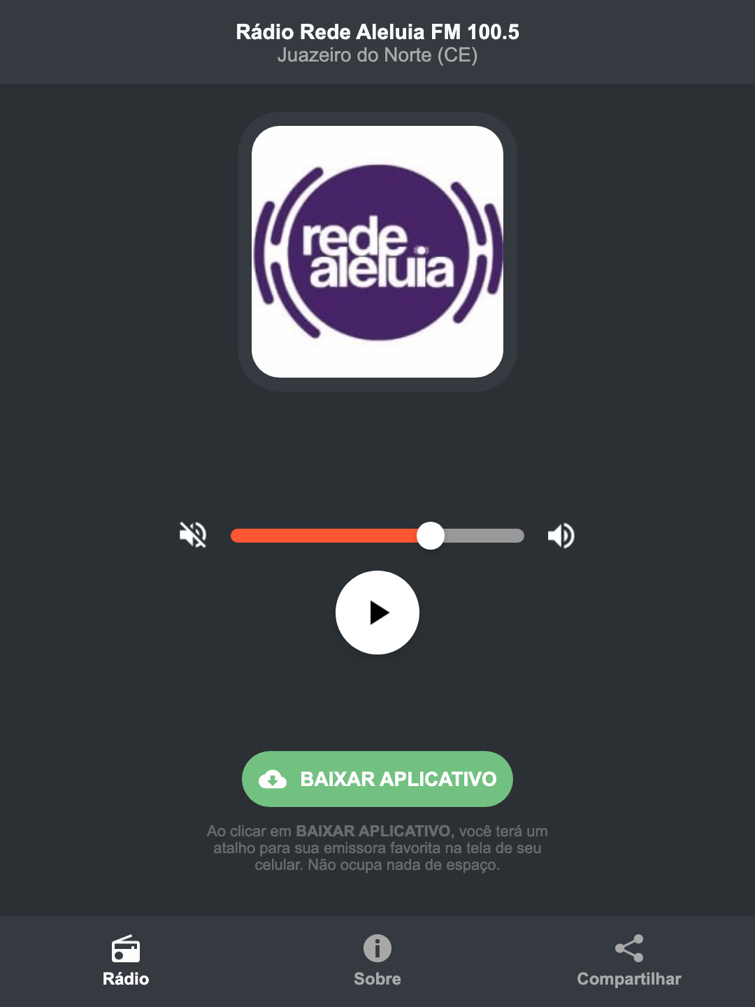 Screenshot do aplicativo da Rádio Rede Aleluia FM 100.5