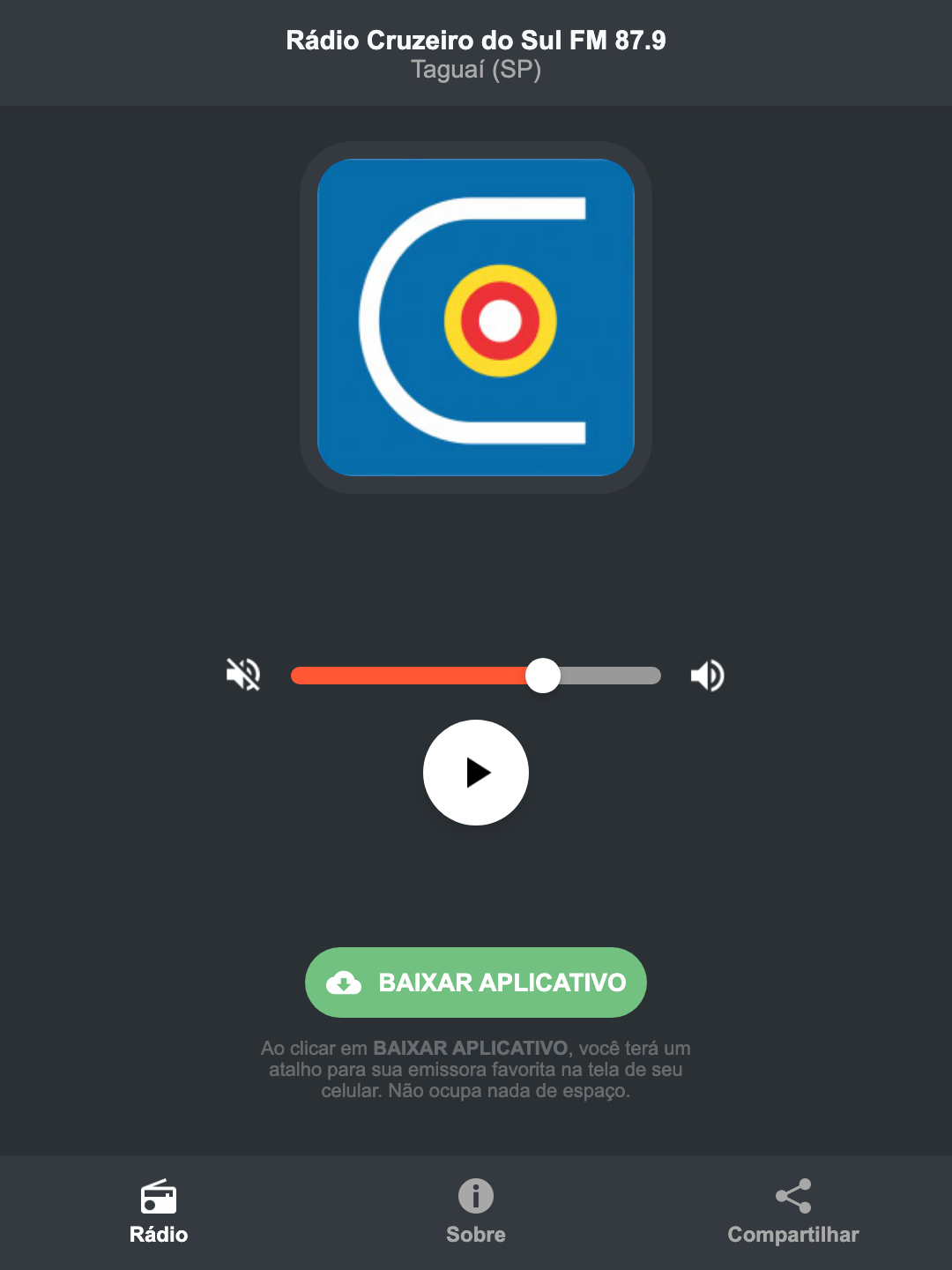 Screenshot do aplicativo da Rádio Cruzeiro do Sul FM 87.9