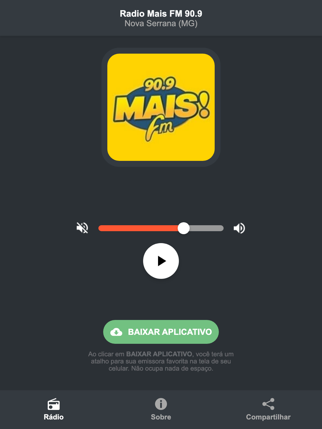 Screenshot do aplicativo da Radio Mais FM 90.9