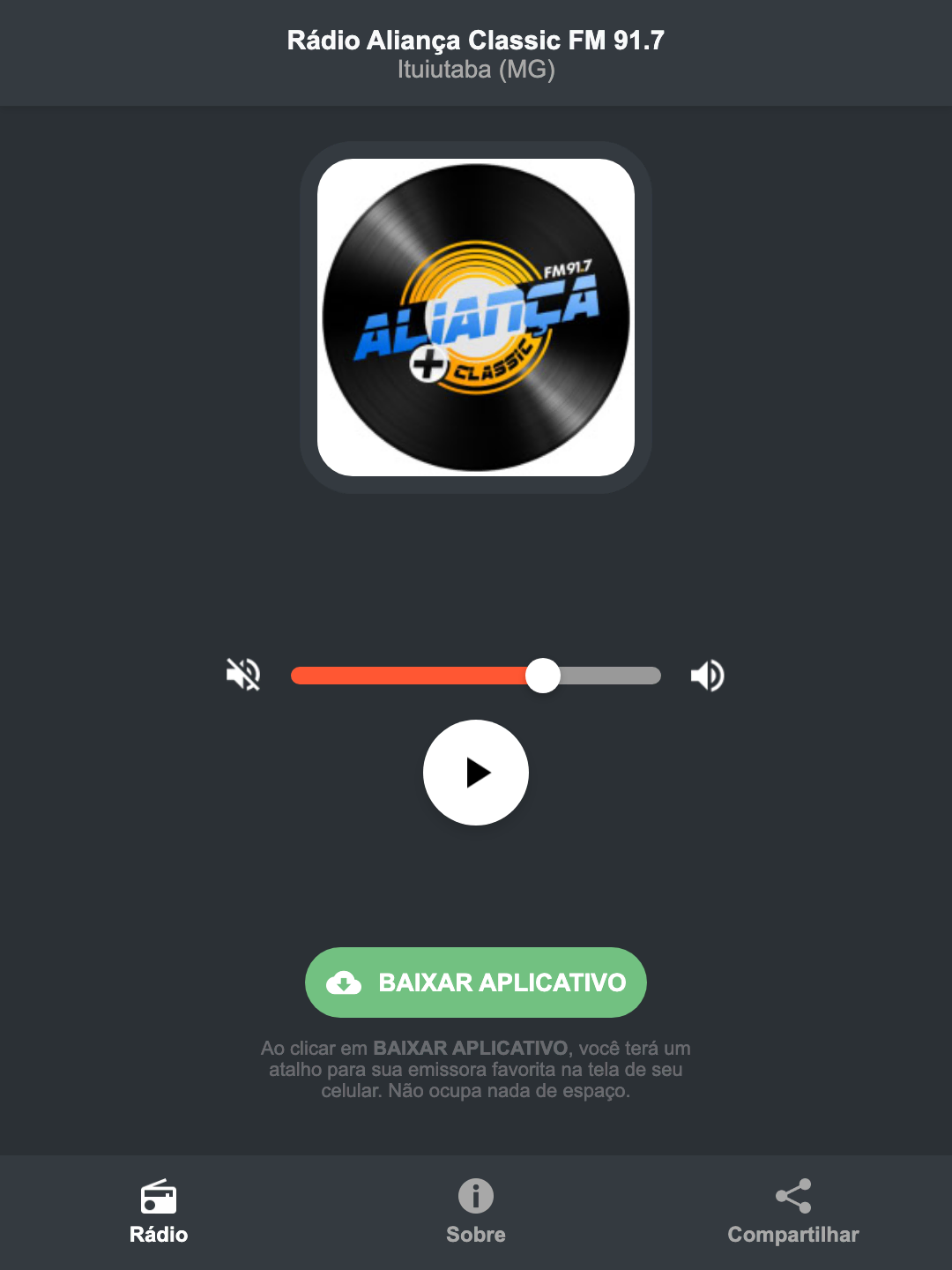 Screenshot do aplicativo da Rádio Aliança Classic FM 91.7